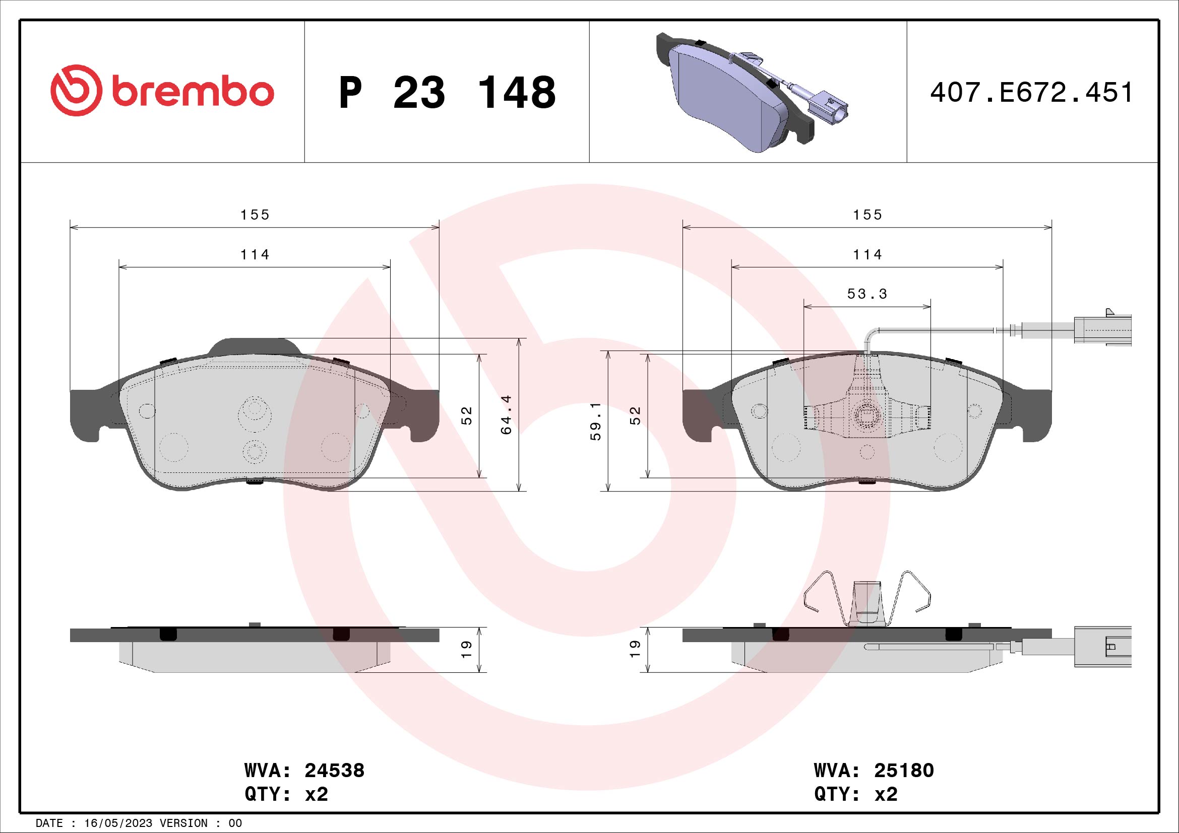 A.B.S. P 23 148 BREMBO Bremsbelagsatz, Scheibenbremse